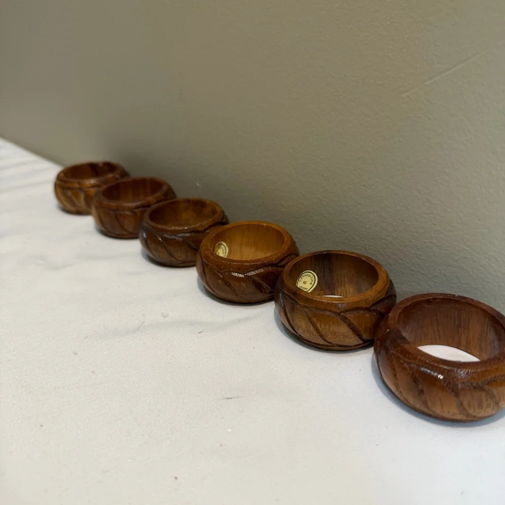 6 Teak Wood Round Napkin Rings MCM Hand‎ Carved in Philippines